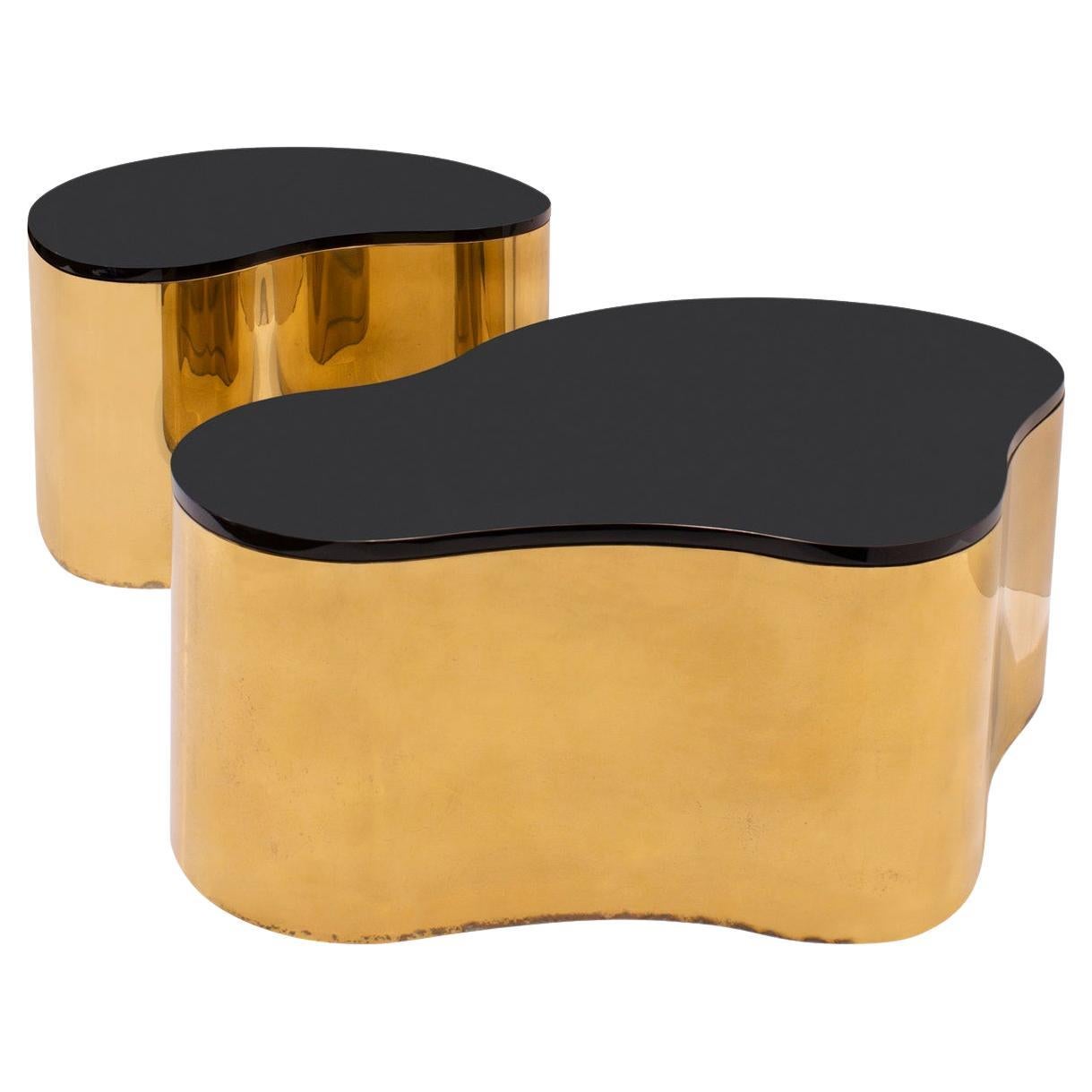 Karl Springer Pair of "Free Form Coffee Tables" in Polished Brass 1980s