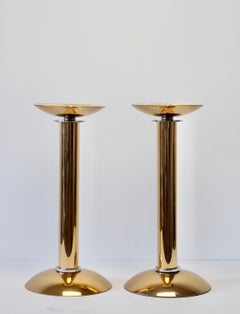 Karl Springer Pair of Gold Plated Brass & Chrome Candlestick Holders circa 1985