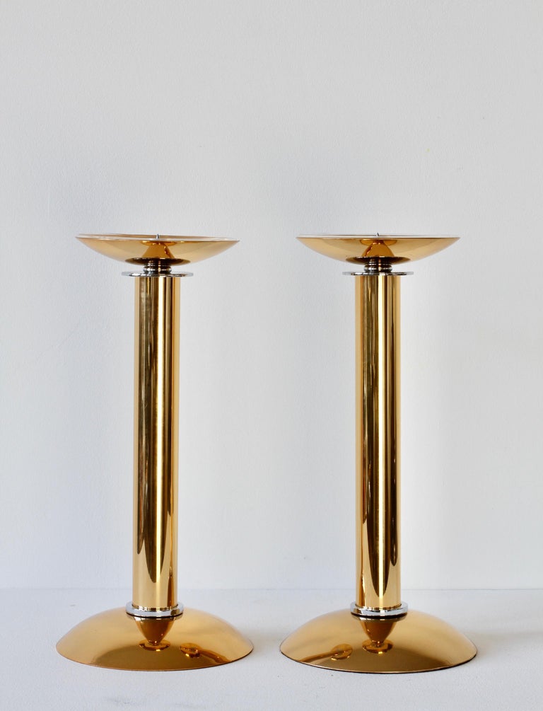 Karl Springer Pair of Gold Plated Brass and Chrome Candlestick Holders  circa 1985 For Sale at 1stDibs