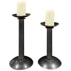Karl Springer Pair of Gunmetal and Brass Candle Holders, 1970s