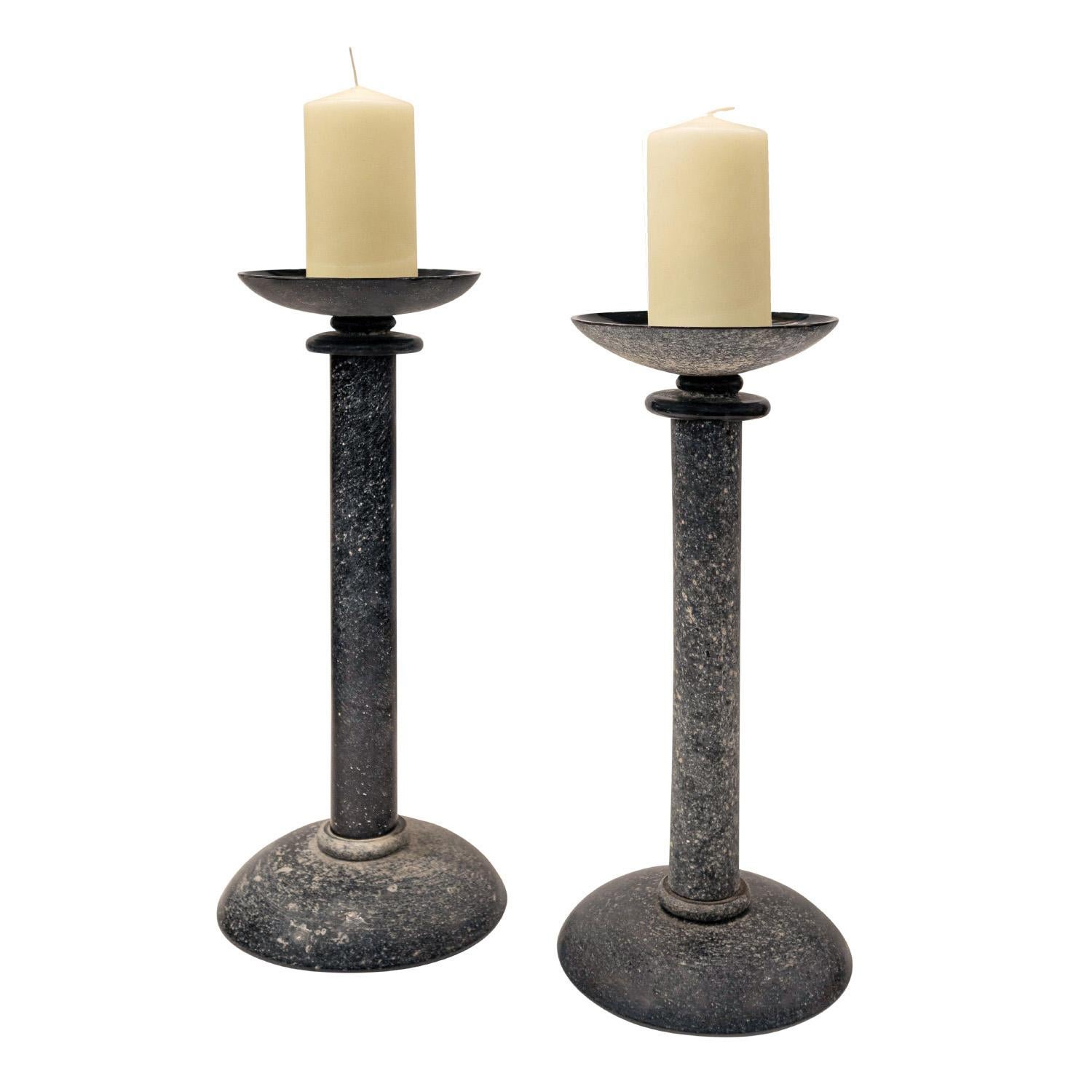 Rare pair of hand-blown black glass candle holders with scavo (rough) finish by Seguso Vetri d'Arte (Murano) for Karl Springer, American 1980's (Signed on bottom “Karl Springer”).  The black glass versions are the rarest.  These are meticulously