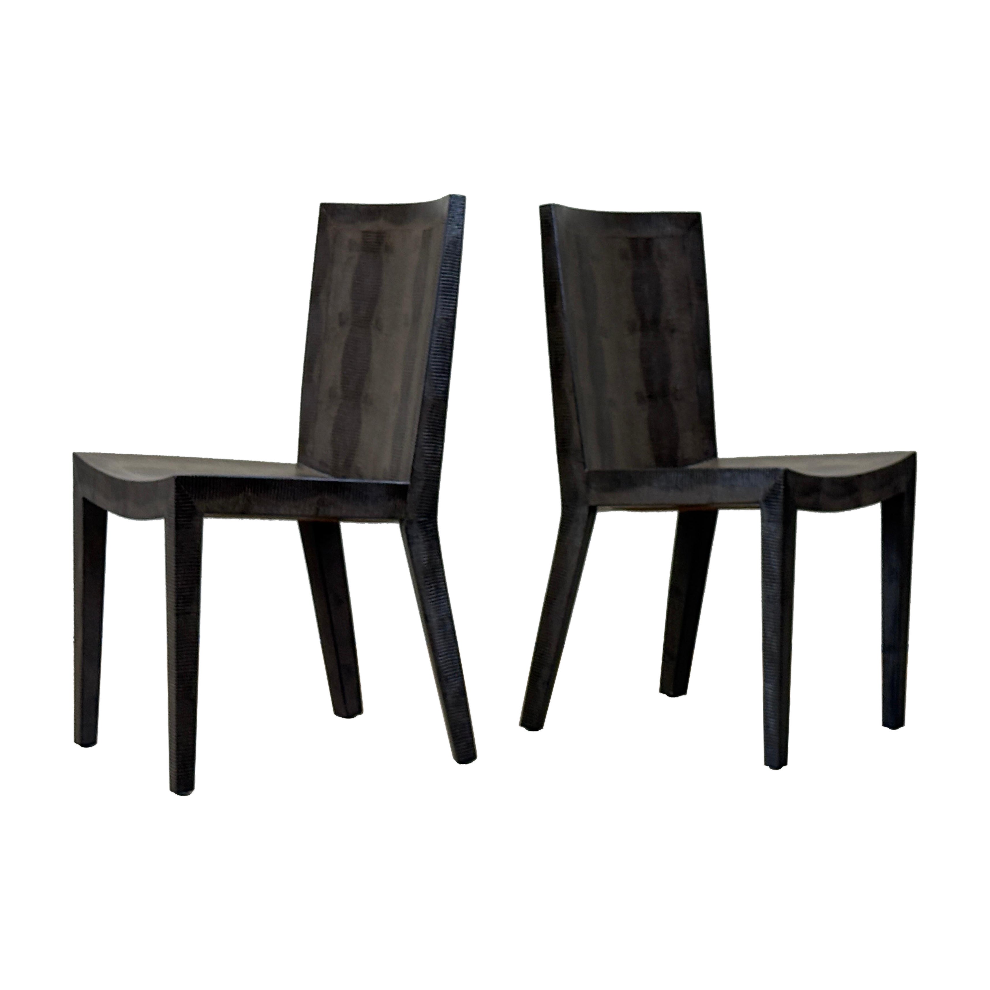 Karl Springer Pair of "J.M.F. Chairs" in Embossed Lizard 1985 (Signed & Dated)