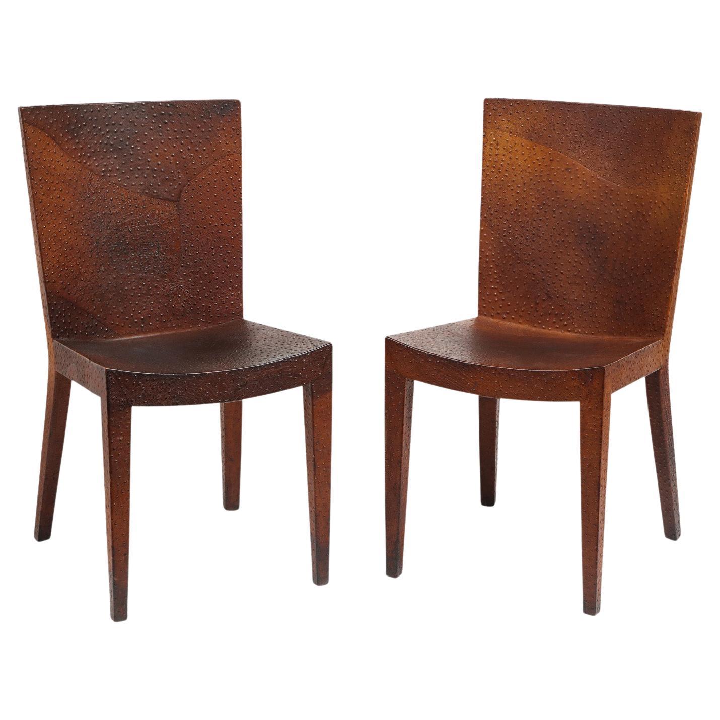 Karl Springer Pair of Jmf Chairs in Ostrich Skin, 1982, 'Signed' For Sale