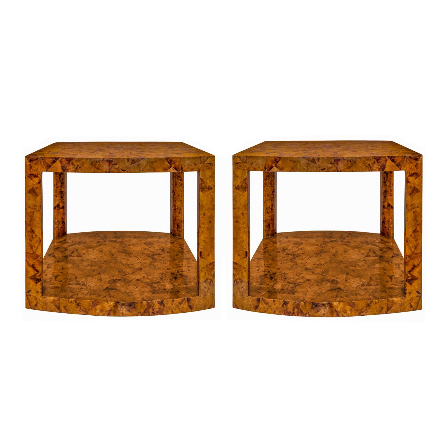 Exceptionally crafted pair of large 2 tier end tables with curved ends in tessellated penshell by Karl Springer, American 1980's (shown with original Karl Springer label on bottom).  The artisanship of these Karl Springer tables is absolutely