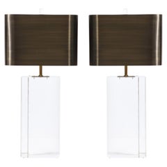 Karl Springer Pair of Lucite Block Table Lamps with Brushed Bronze Shades 1970s