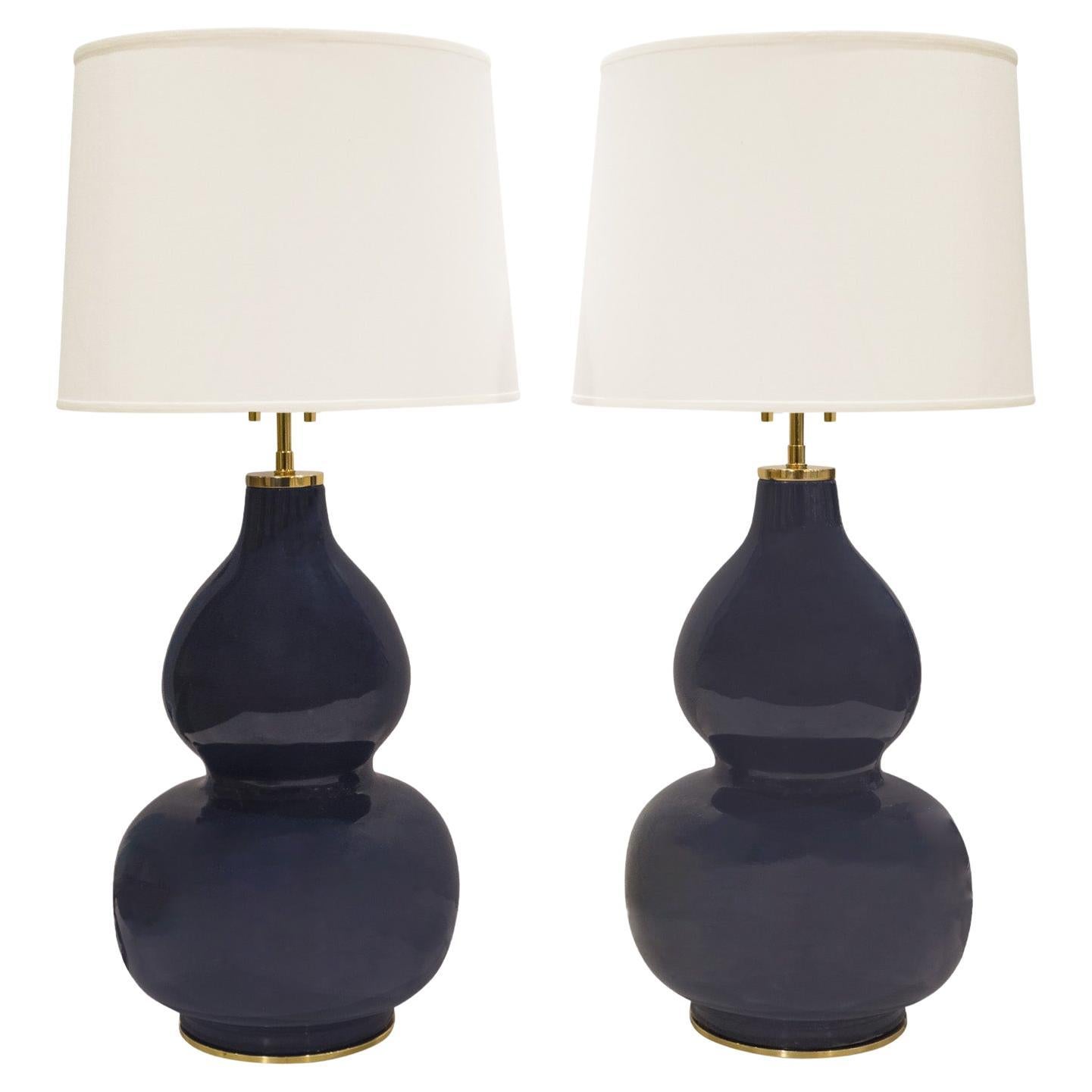 Karl Springer Pair of "Mandarin Table Lamps" in Deep Blue Glaze, 1980s For Sale