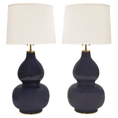 Vintage Karl Springer Pair of "Mandarin Table Lamps" in Deep Blue Glaze, 1980s