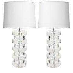 Karl Springer Pair of Octagonal Solid Lucite Table Lamps 1970s