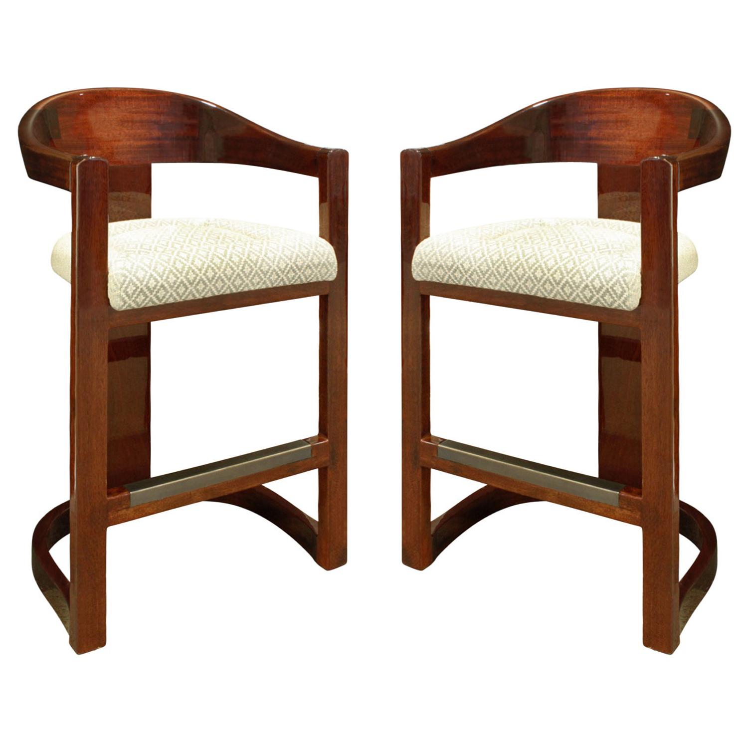 Karl Springer Pair of "Onassis Bar Stools" in Lacquered Mahogany, 1970s