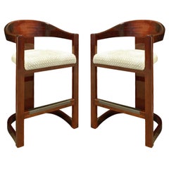 Karl Springer Pair of "Onassis Bar Stools" in Lacquered Mahogany, 1970s