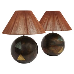Karl Springer Pair of "Oxidized Brass Ball Lamps, Multi Triangle Design", 1980s