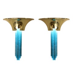 Karl Springer Pair of "Purcell Sconces" in Brass with Hand-Chipped Glass, 1980s