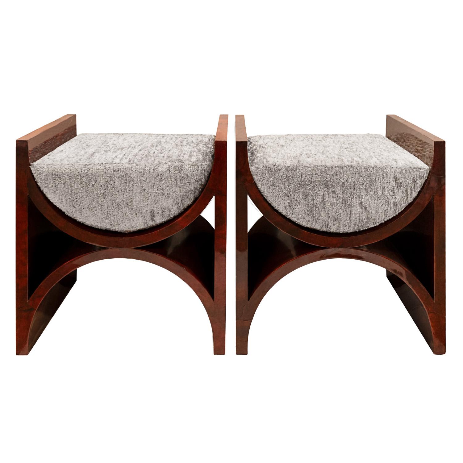 Pair of rare sculptural “J.M.F. Benches” in oxblood lacquered goatskin with seat cushions by Karl Springer, American 1970's.  These exquisite benches are stunning in every way.  Newly reupholstered by Lobel Modern.

Reference:
Karl Springer LTD