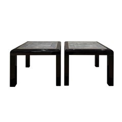 Karl Springer Pair of Stunning Black Lacquer Shagreen Top End Tables, 1980s