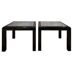 Karl Springer Pair of Stunning Black Lacquer Shagreen Top End Tables, 1980s