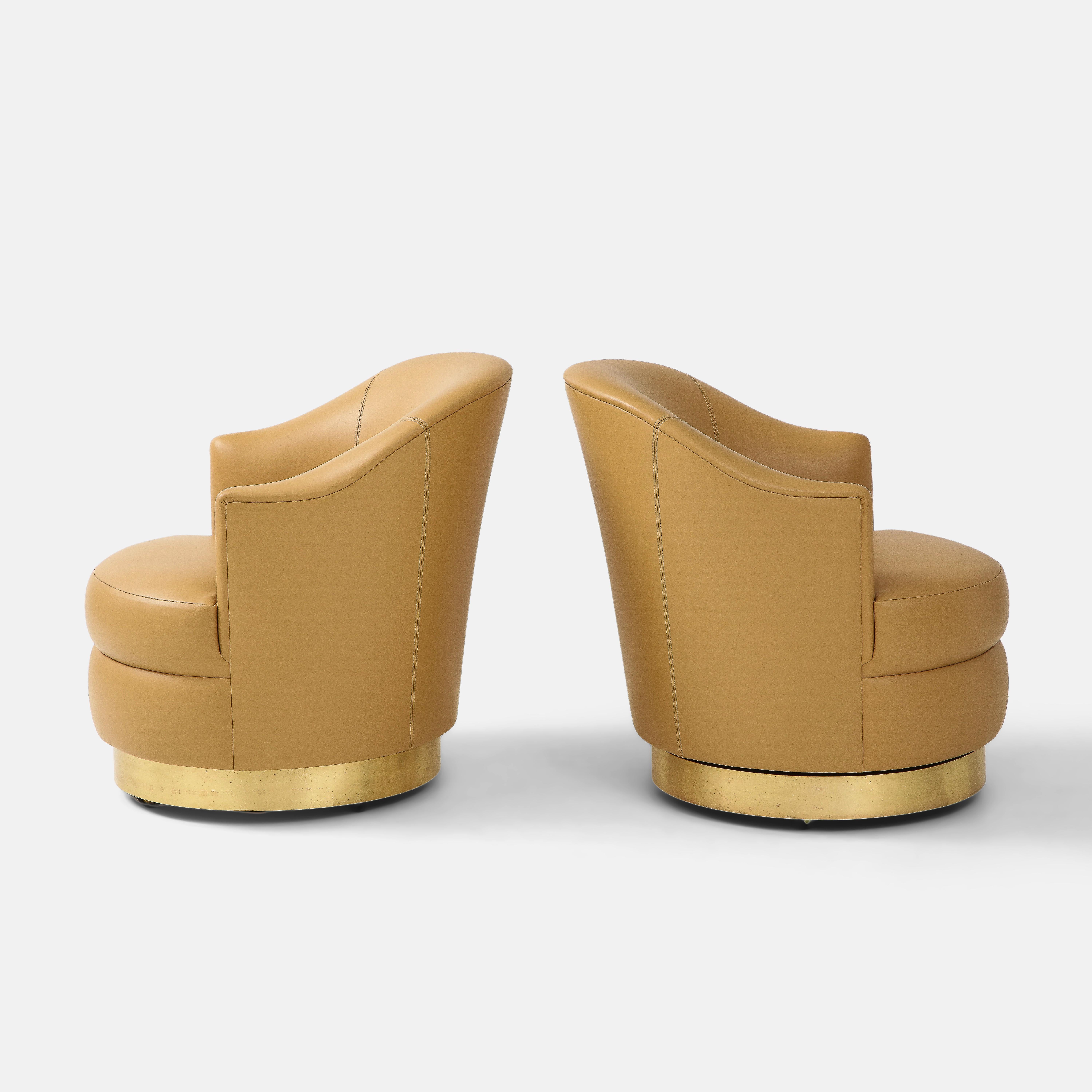 Karl Springer Pair of Swivel Chairs in Camel Edelman Leather and Brass, 1980s 1