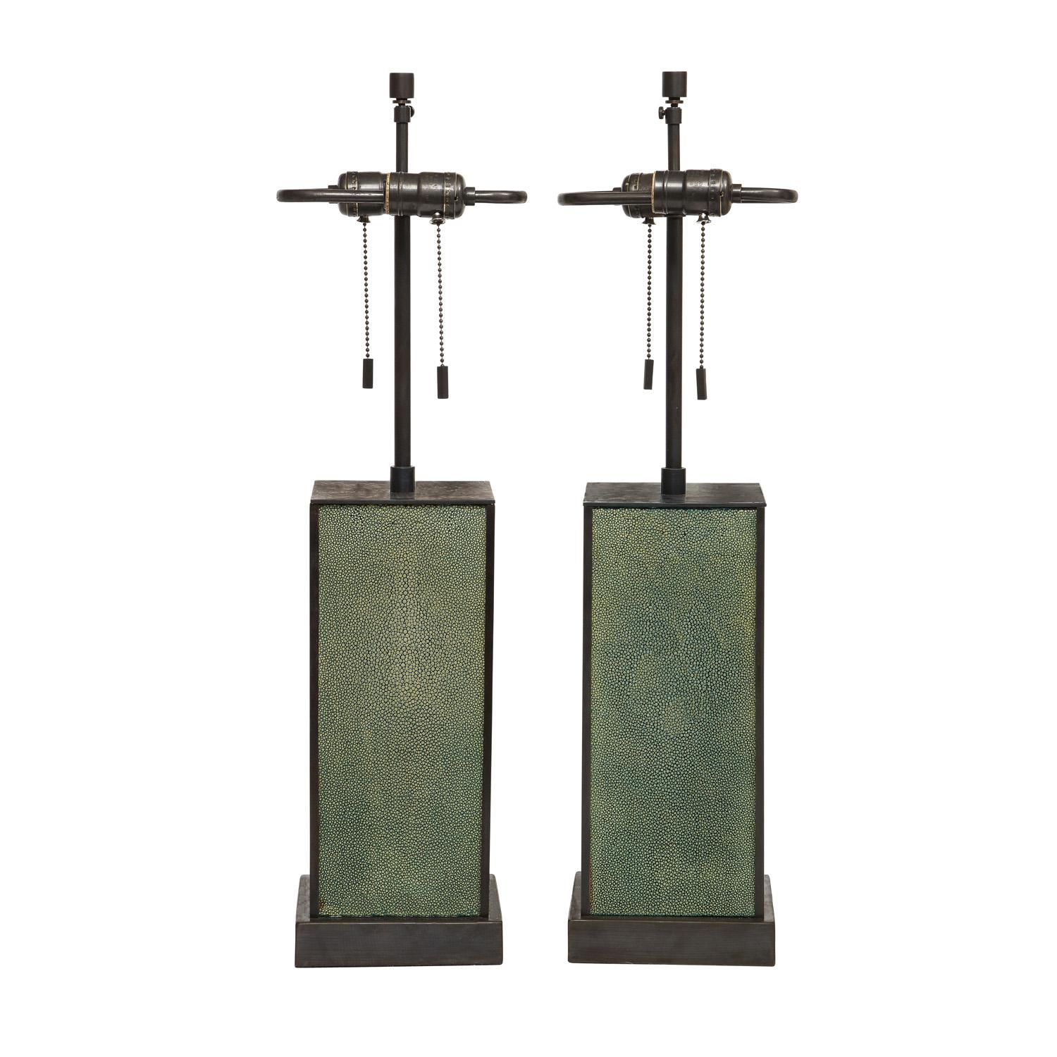Modern Karl Springer Pair of Table Lamps in Green Shagreen and Bronze, 1980s