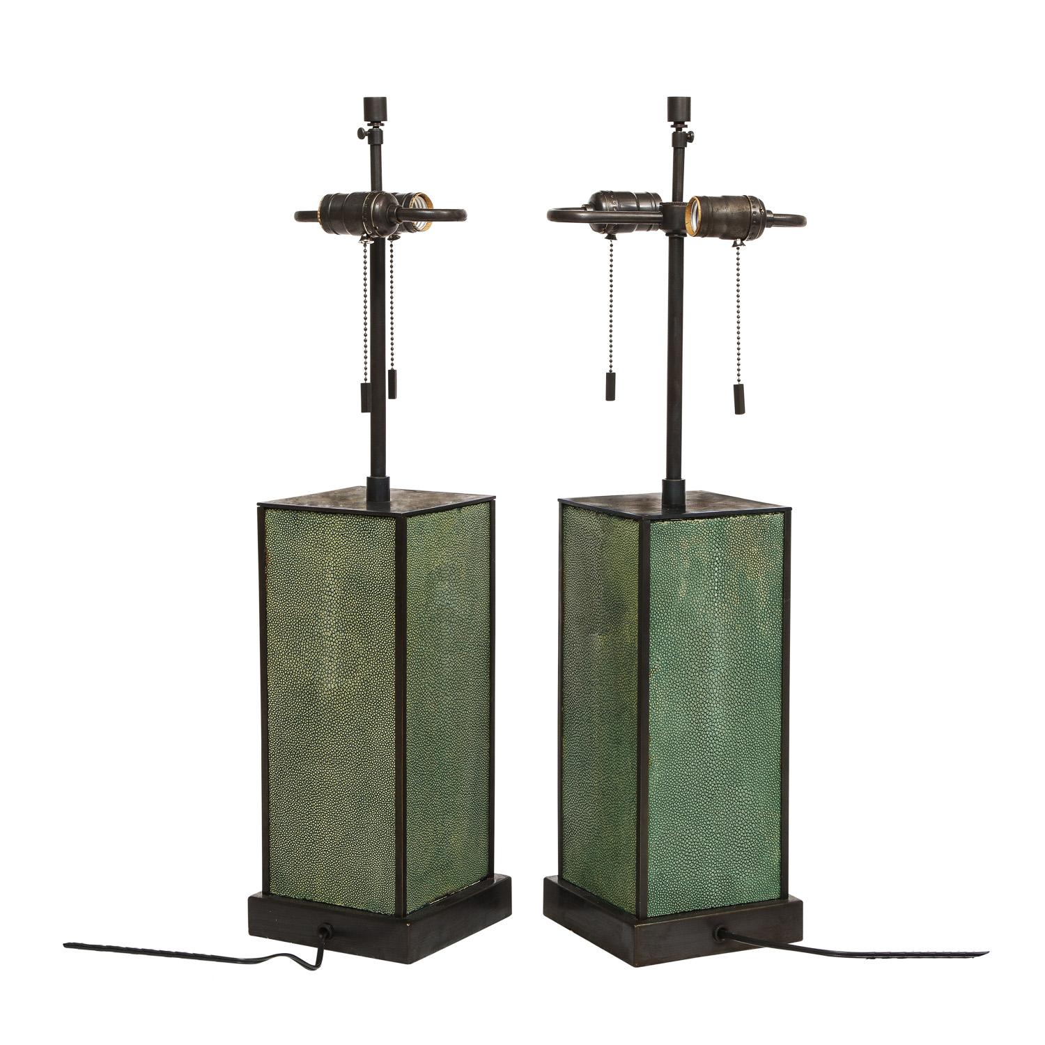 American Karl Springer Pair of Table Lamps in Green Shagreen and Bronze, 1980s