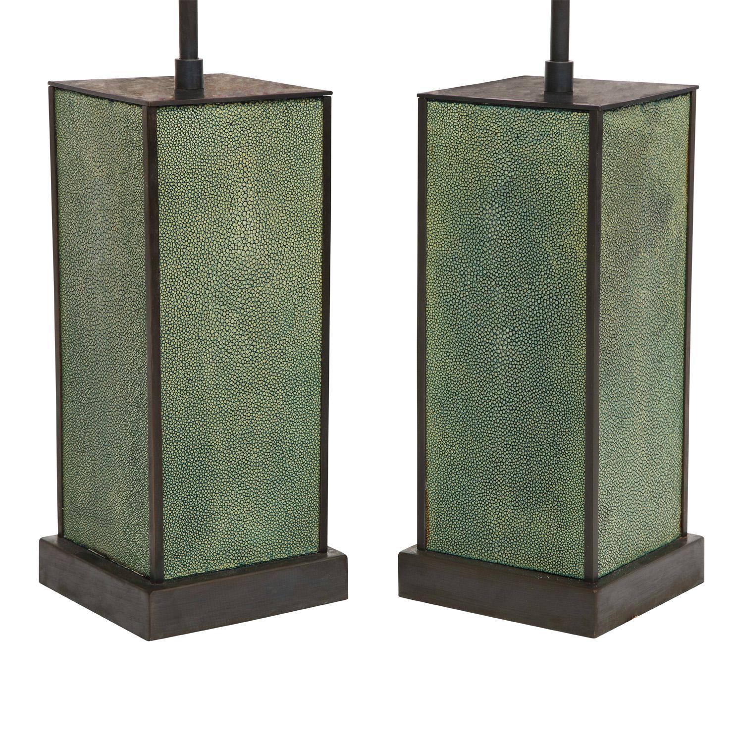 Hand-Crafted Karl Springer Pair of Table Lamps in Green Shagreen and Bronze, 1980s