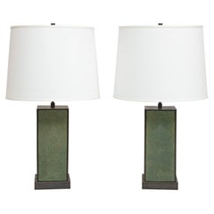 Karl Springer Pair of Table Lamps in Green Shagreen and Bronze, 1980s