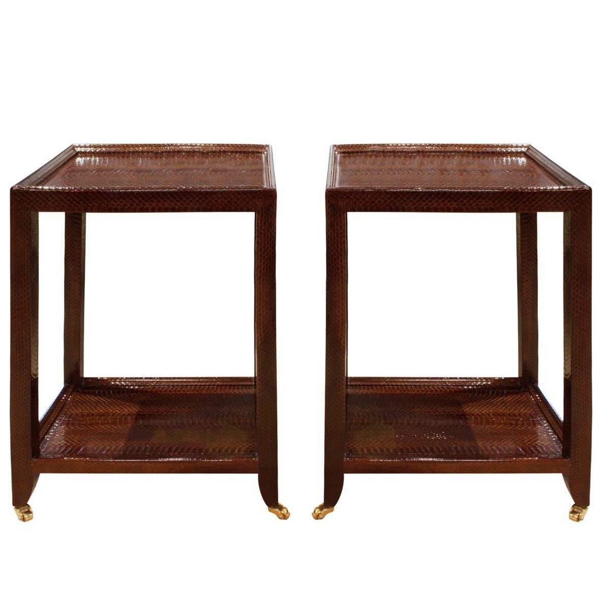 Karl Springer Pair of "Telephone Tables" Covered in Cobra Skin, 2002