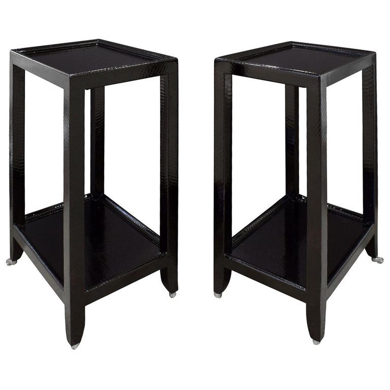 Karl Springer Pair of Telephone Tables in Lacquered Black Cobra 1990s  'Signed' at 1stDibs