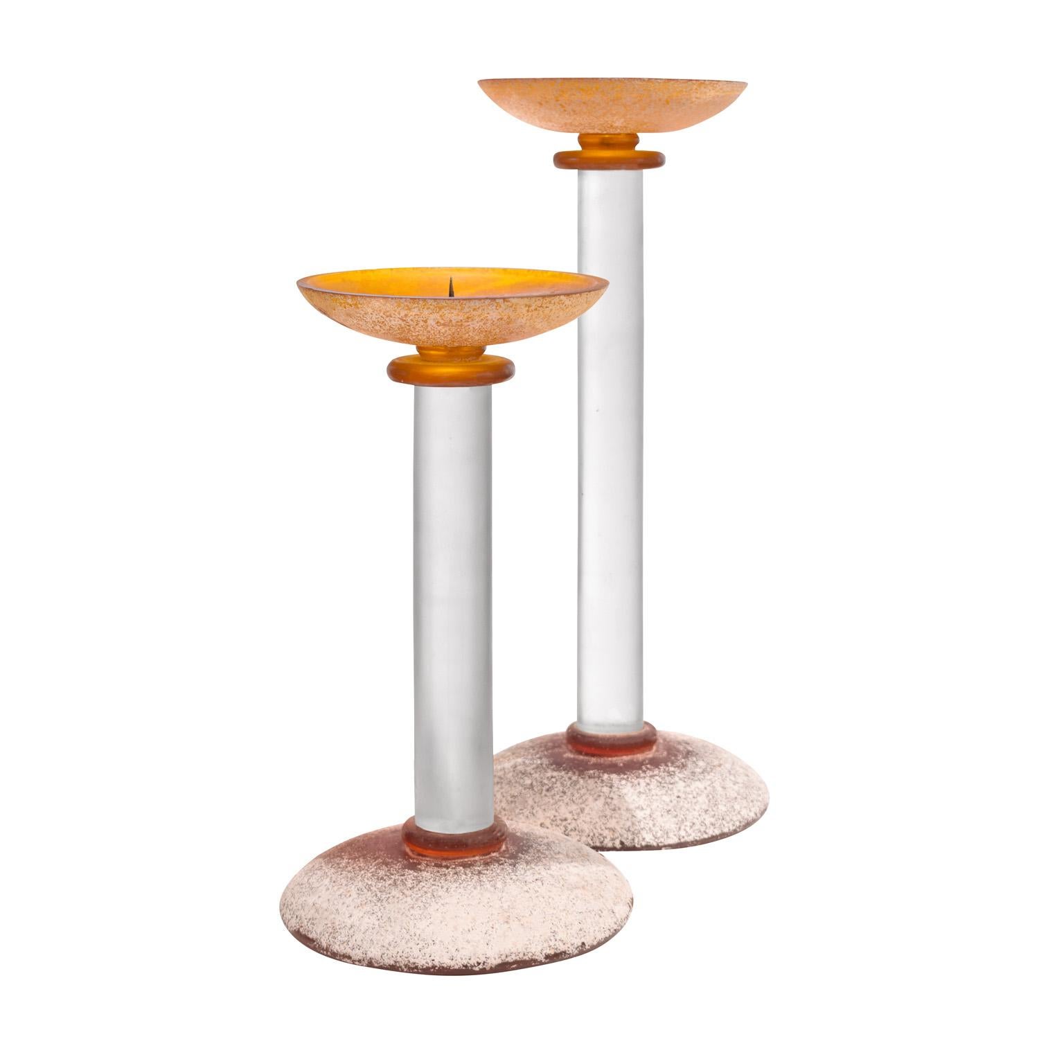 Superbly crafted pair of prototype candle holders in artisan lucite made to look like hand-blown amber scavo glass with frosted solid lucite shafts by Karl Springer, American 1980's. These are unique pieces and we have never seen another