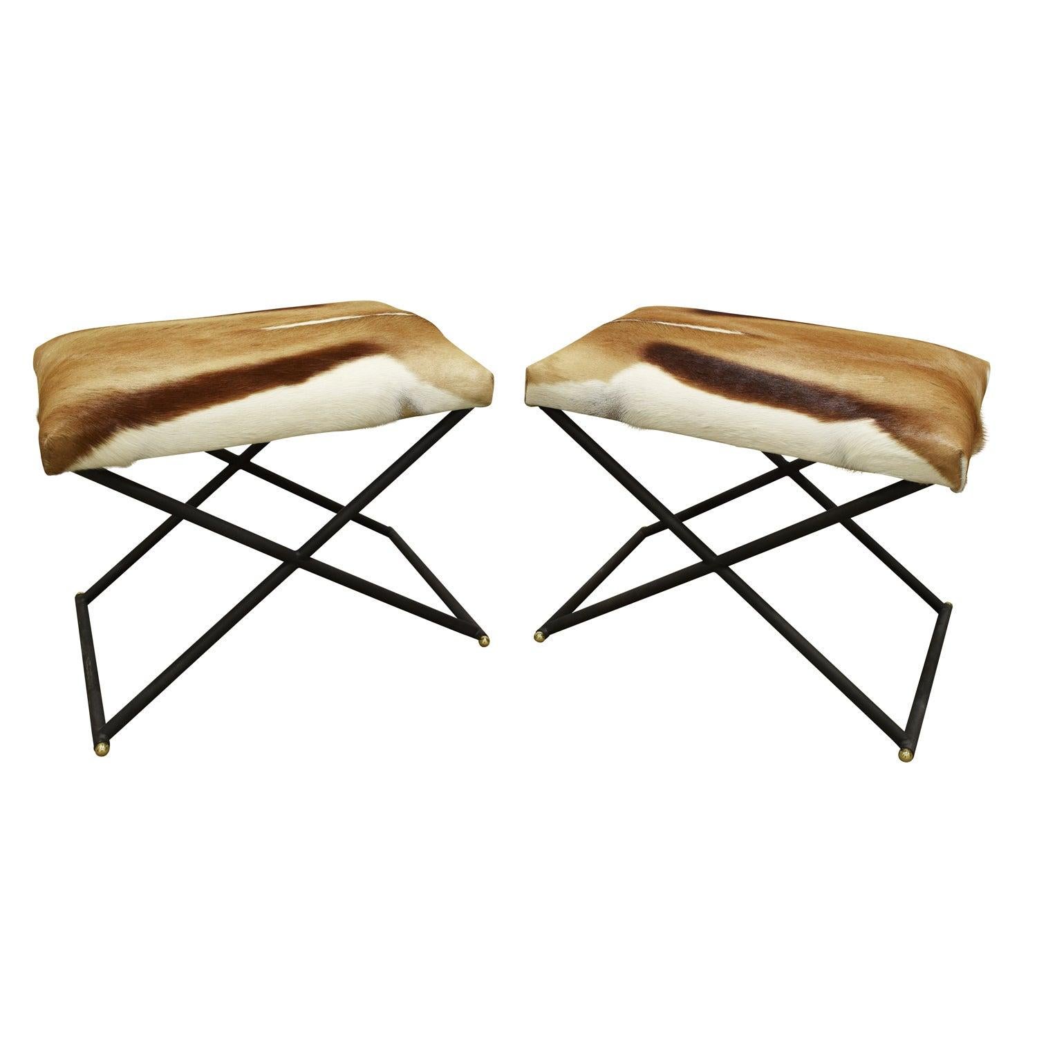 Karl Springer Pair of X Benches with Springbok Seats, 1970s
