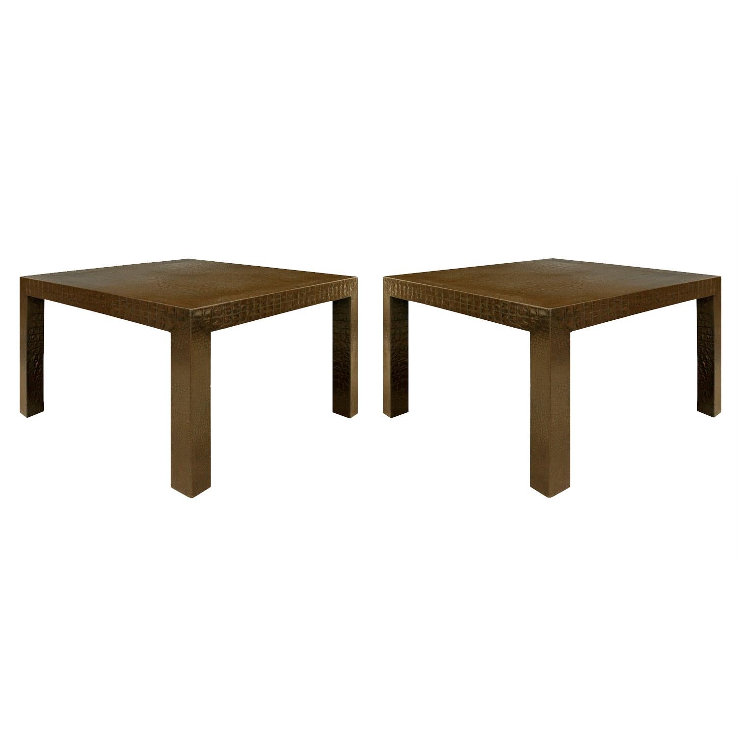 Pair of large parsons style end tables covered in dark brown embossed crocodile leather by Karl Springer, American 1970's. The meticulous craftsmanship and scale of these tables make them special.