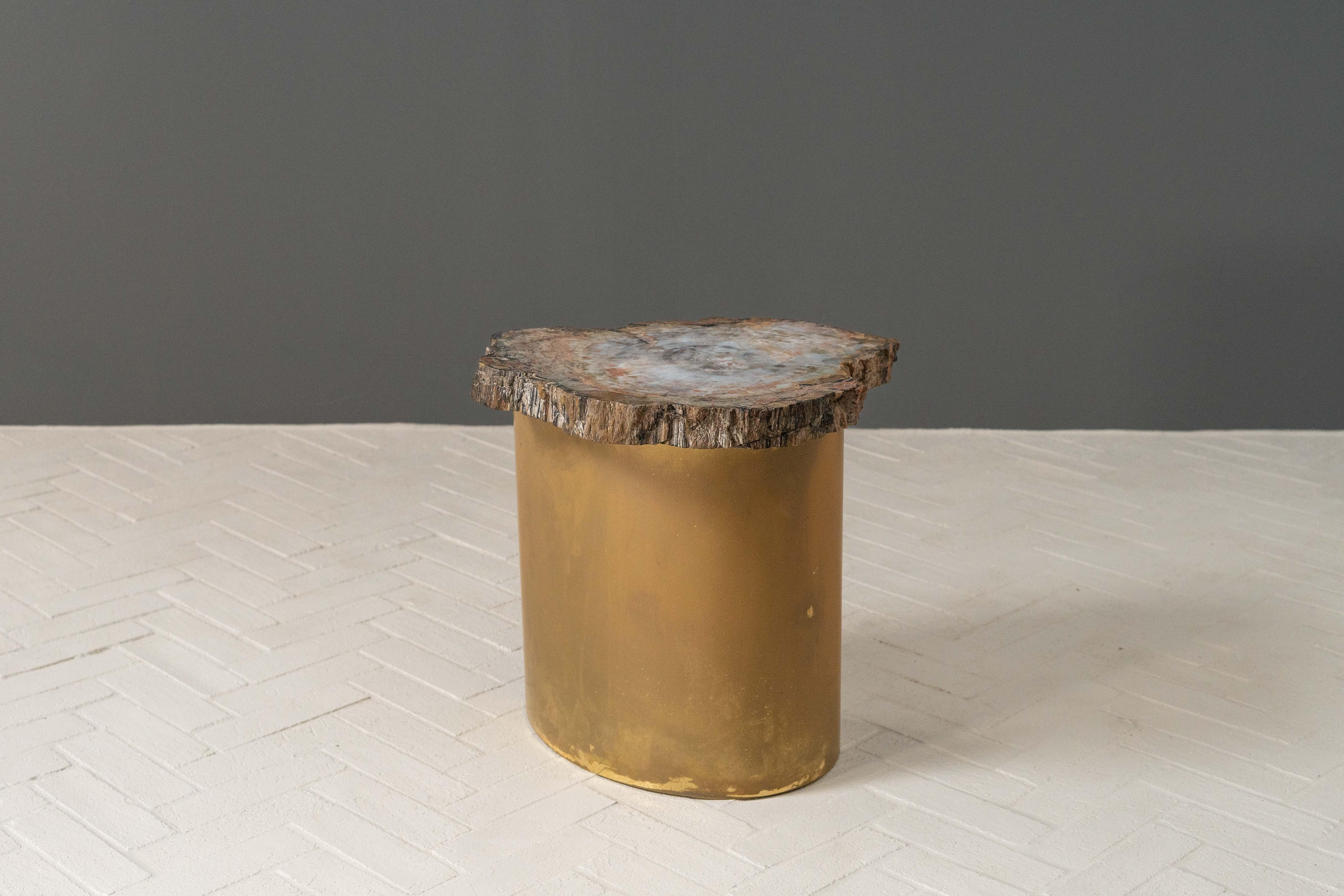 États-Unis, vers les années 1970. Une rare et très chic table d'appoint de Karl Springer (1931-1991). Base incurvée en laiton massif et sommet asymétrique façonné à partir d'un grand spécimen de bois pétrifié provenant d'Arizona. Un mélange
