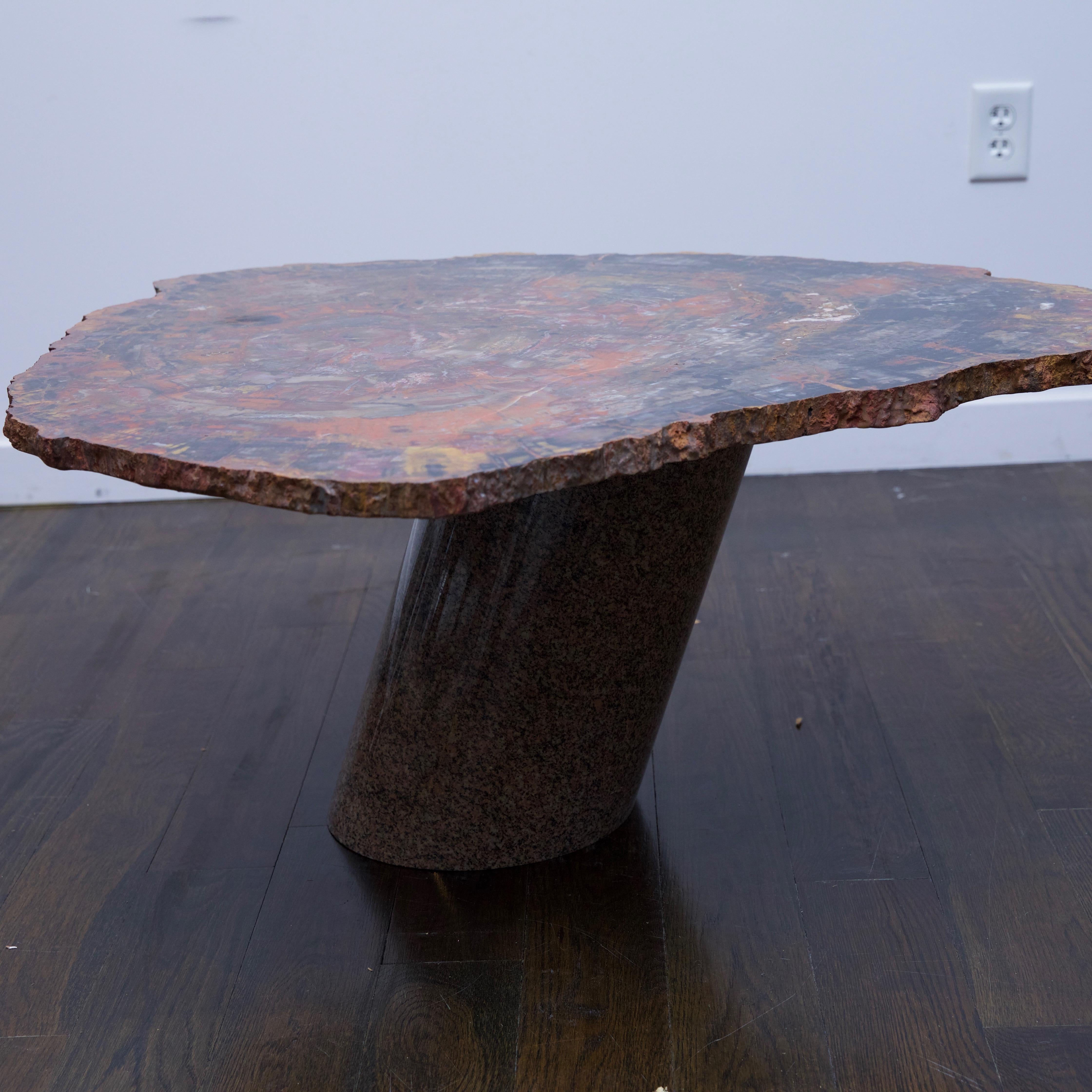 Organic Modern Petrified Wood Table Top with Married Granite Base 