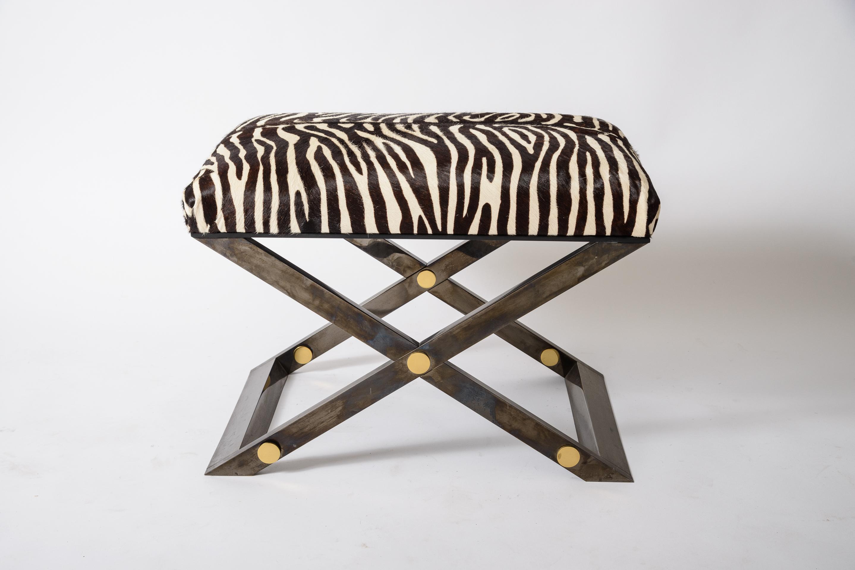 Karl Springer Pewter Finish Bench
Simplicity and detail
Clean original surface on metal
Zebra patterned ponyhair 
An identical Stool is pictured in a Karl Springer Showroom Catalog