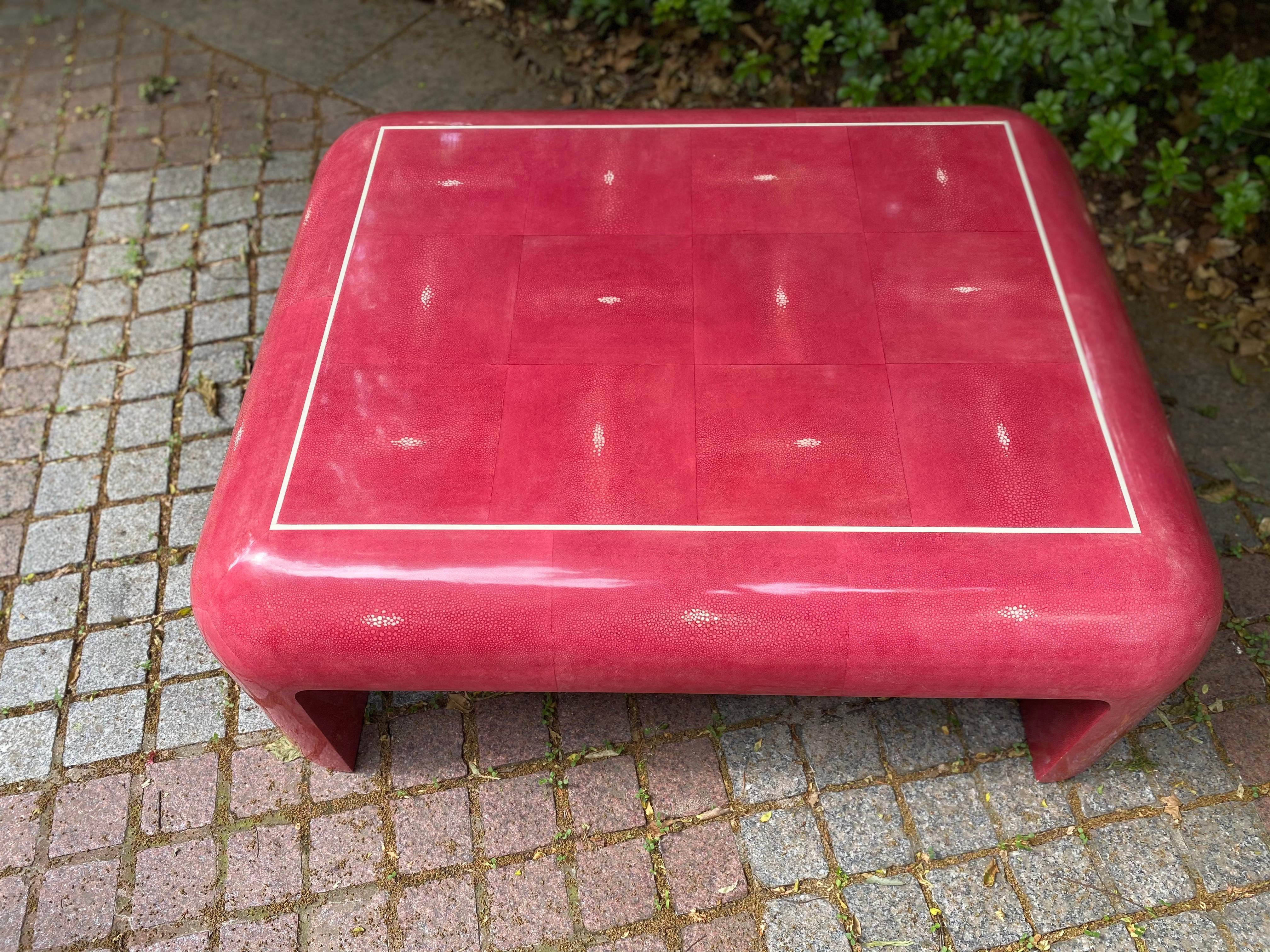 Mid century modern pink faux shagreen coffee table, possibly by Karl springer 