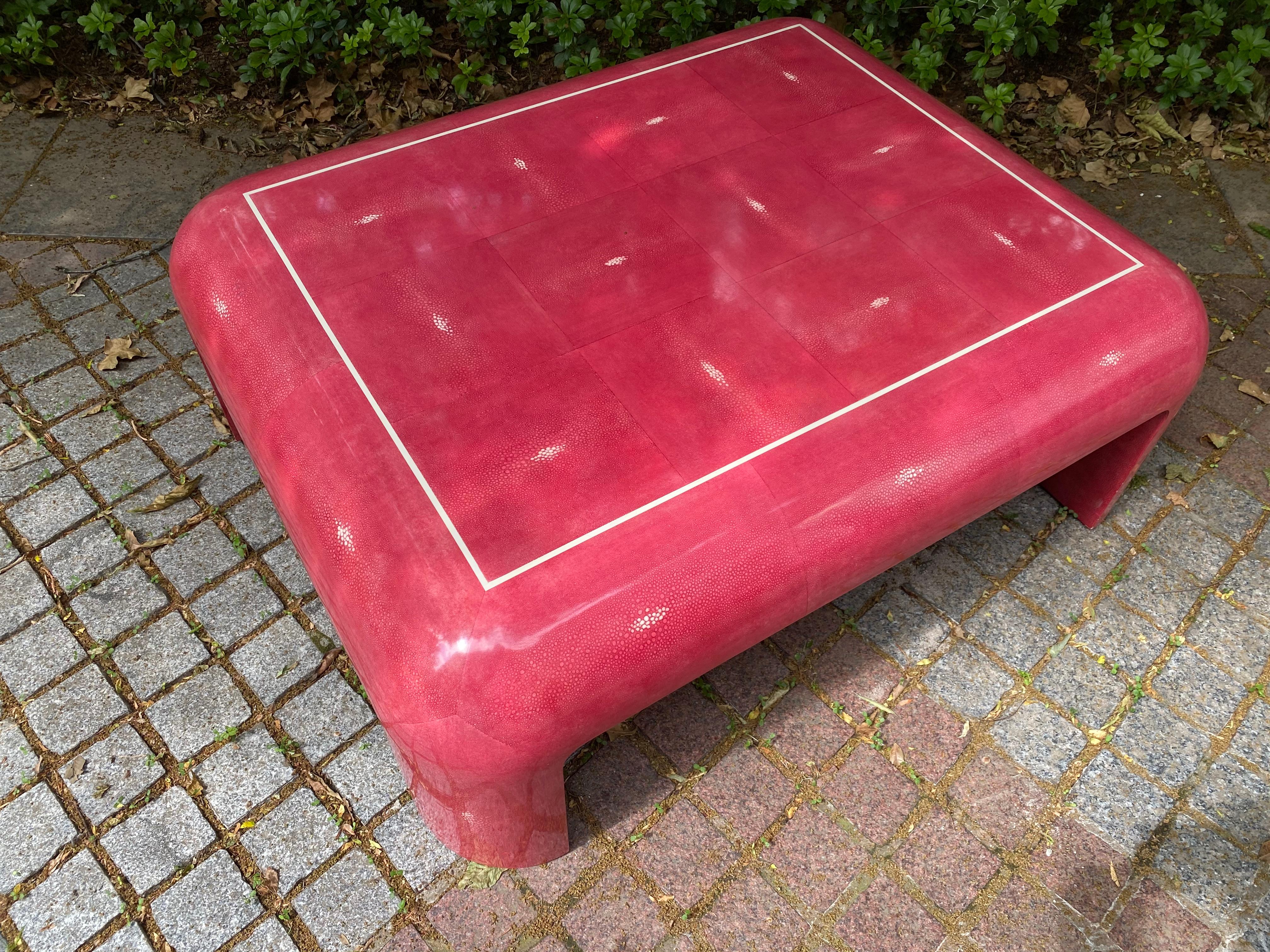 Mid Century Pink Faux Shagreen Coffee Table, possibly Karl Springer  1