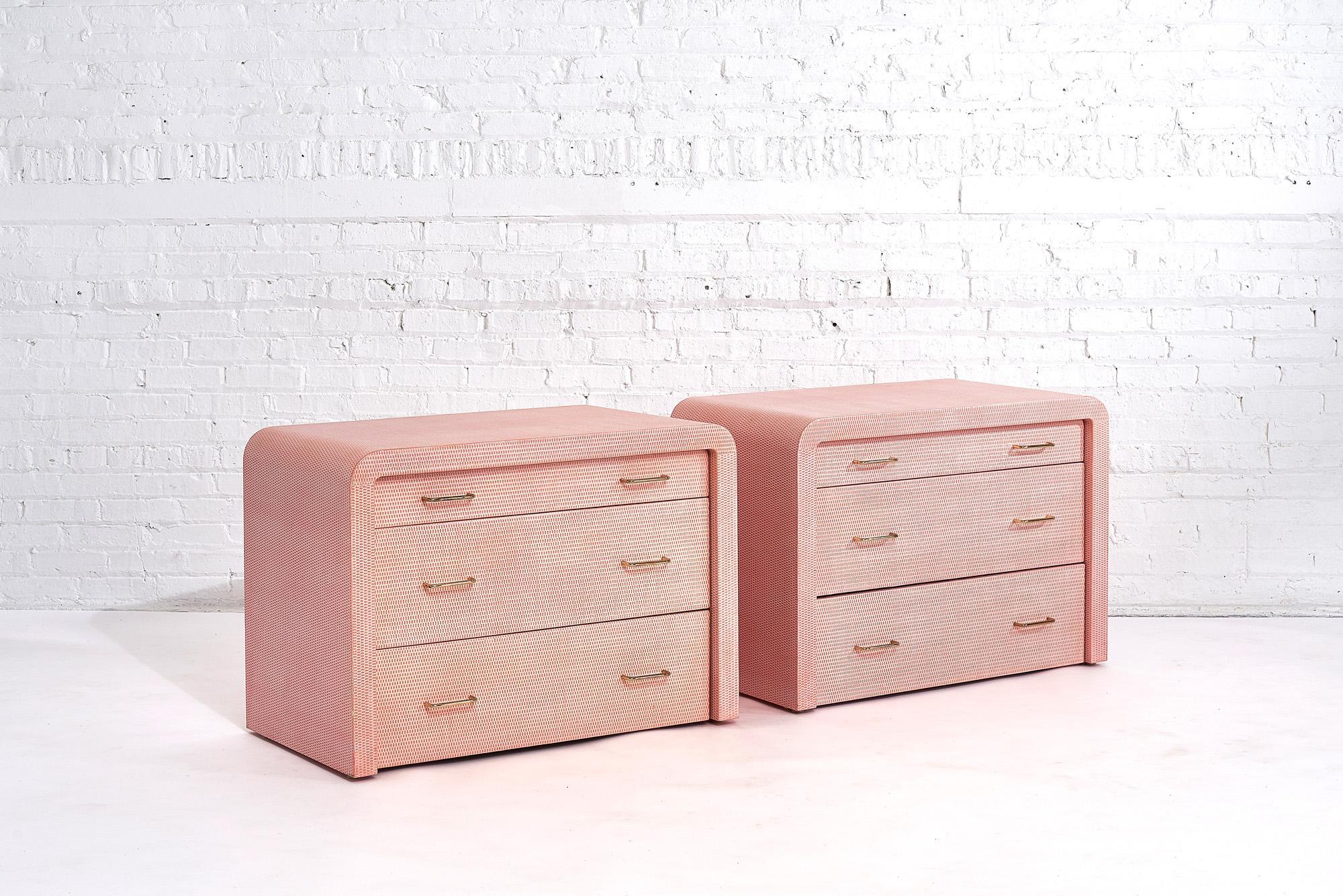 Karl Springer Pink Lacquered Grasscloth Chest of Drawers, 1970 In Fair Condition In Chicago, IL