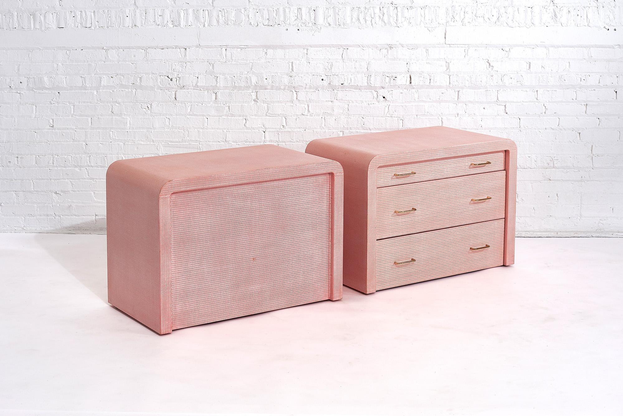 Brass Karl Springer Pink Lacquered Grasscloth Chest of Drawers, 1970