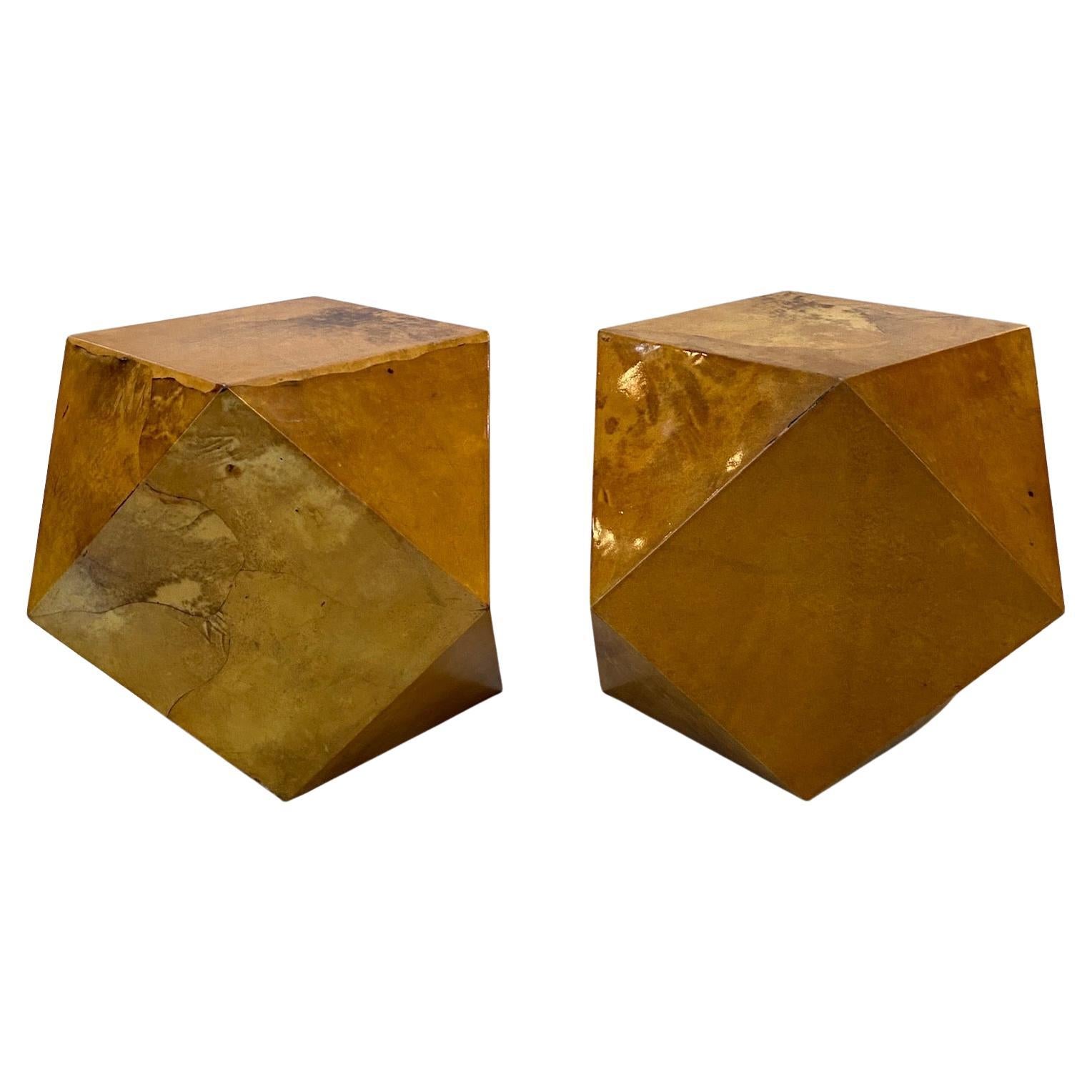 Karl Springer design… Rare polyhedron tables covered in natural goat skin… 14 sides consisting of triangles and squares… Included in the photos is the original Maquet and mock up for these tables...Exceptional quality authenticated by Tom Langevin..