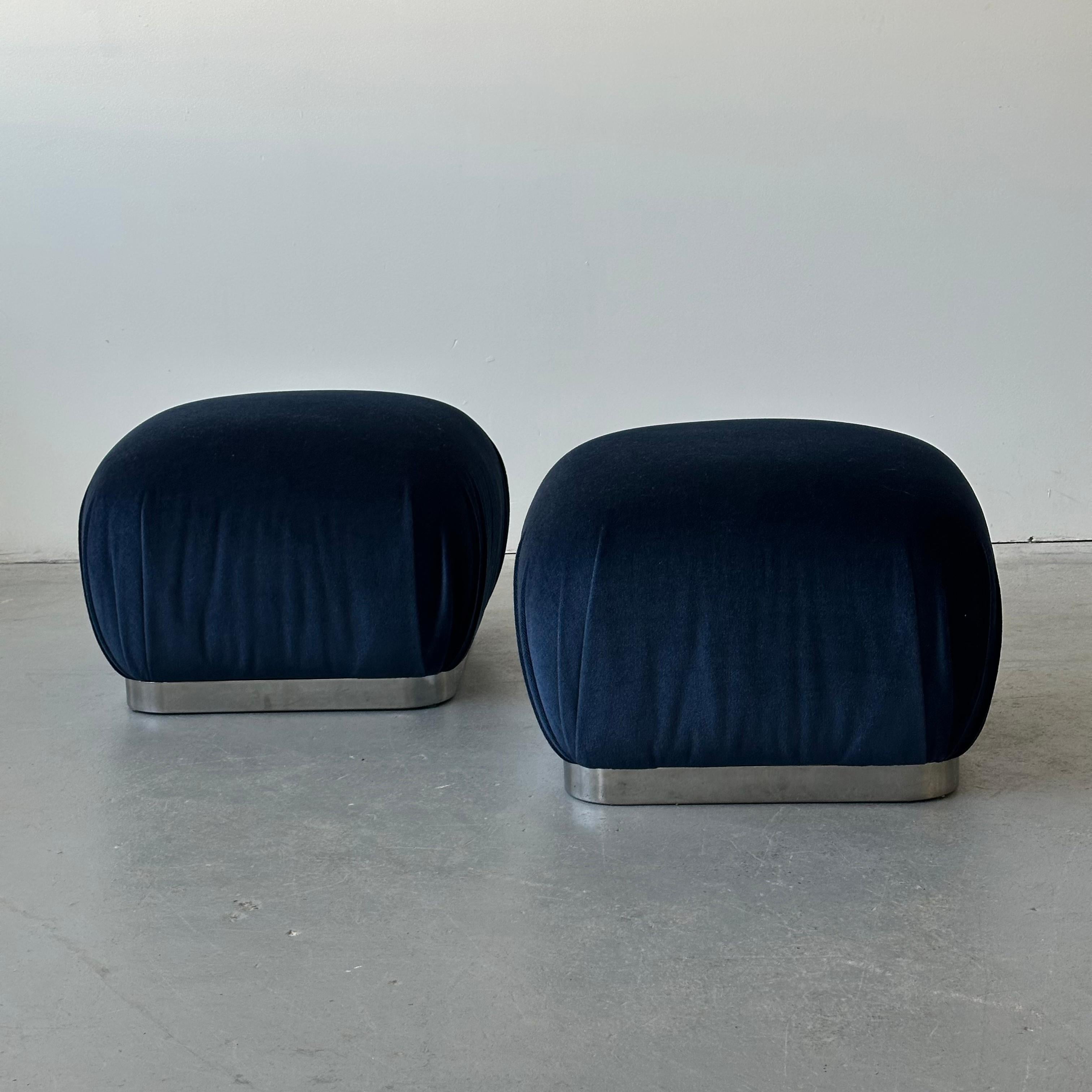c. 1980s. Both have been reupholstered in mohair from fishman's fabrics. Featuring a comfortable upholstered seat with a steel base and hidden rubber ball castors for super smooth movement.

Price is for the set. Contact us if you'd like to purchase