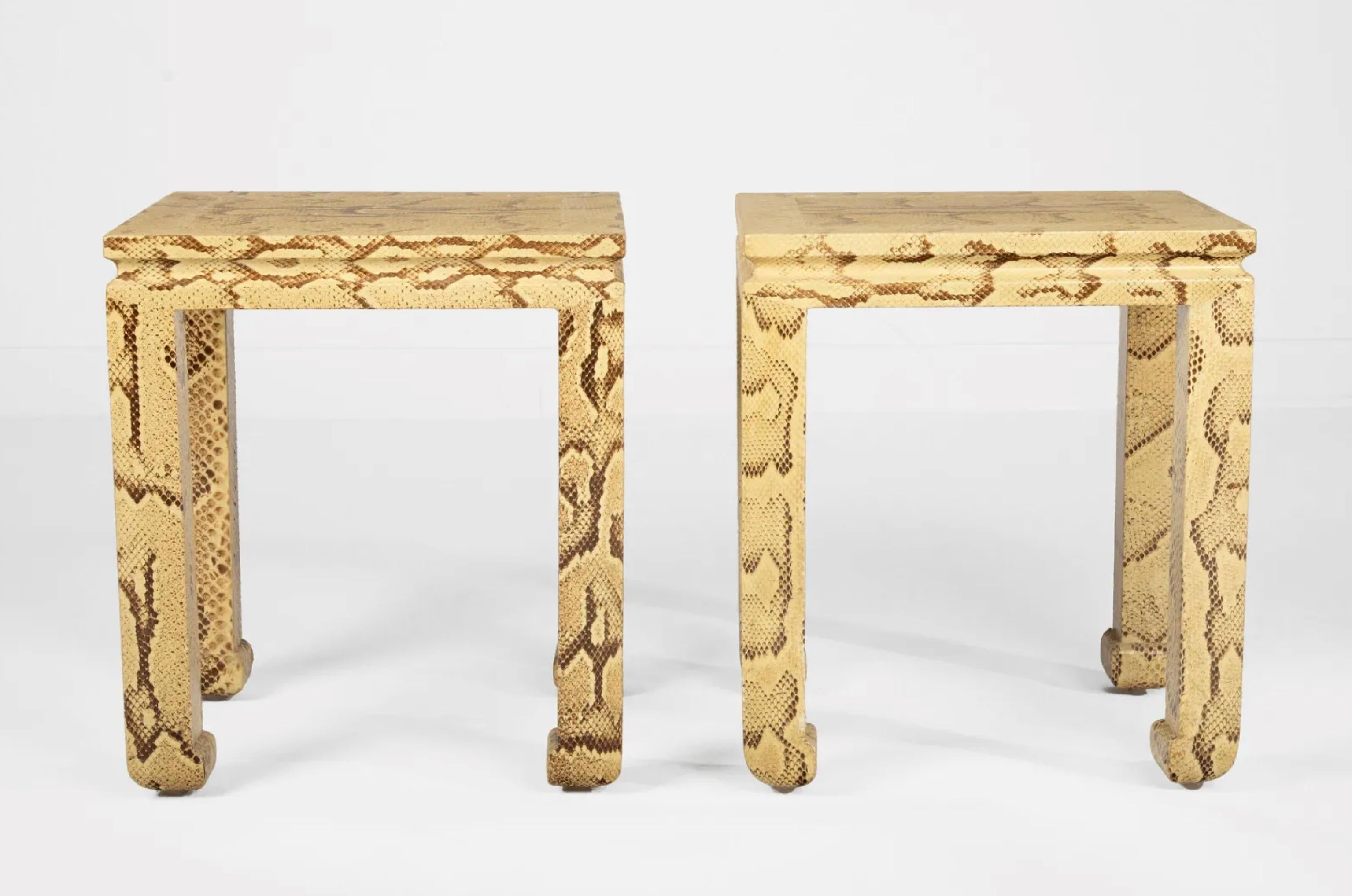 Pair of Karl Springer end tables
Python skin over wood
Diminutive size and classic form.