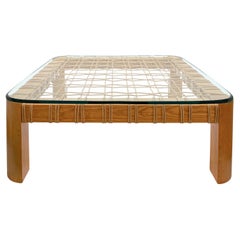 Used Karl Springer Rare and Impressive Coffee Table with Woven Rattan 1980s