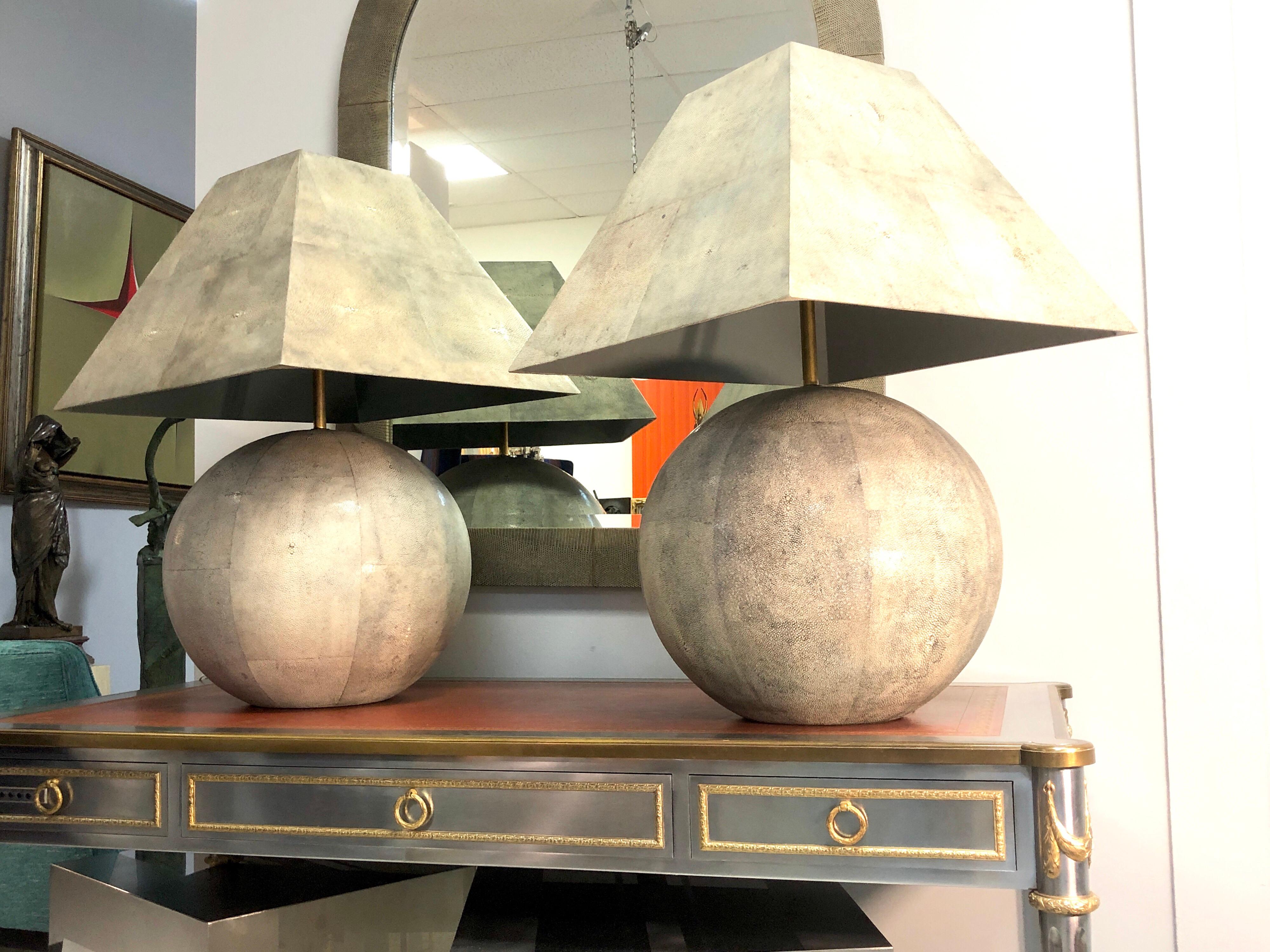 American Karl Springer Rare and Monumental Shagreen Pair of Table Lamps For Sale