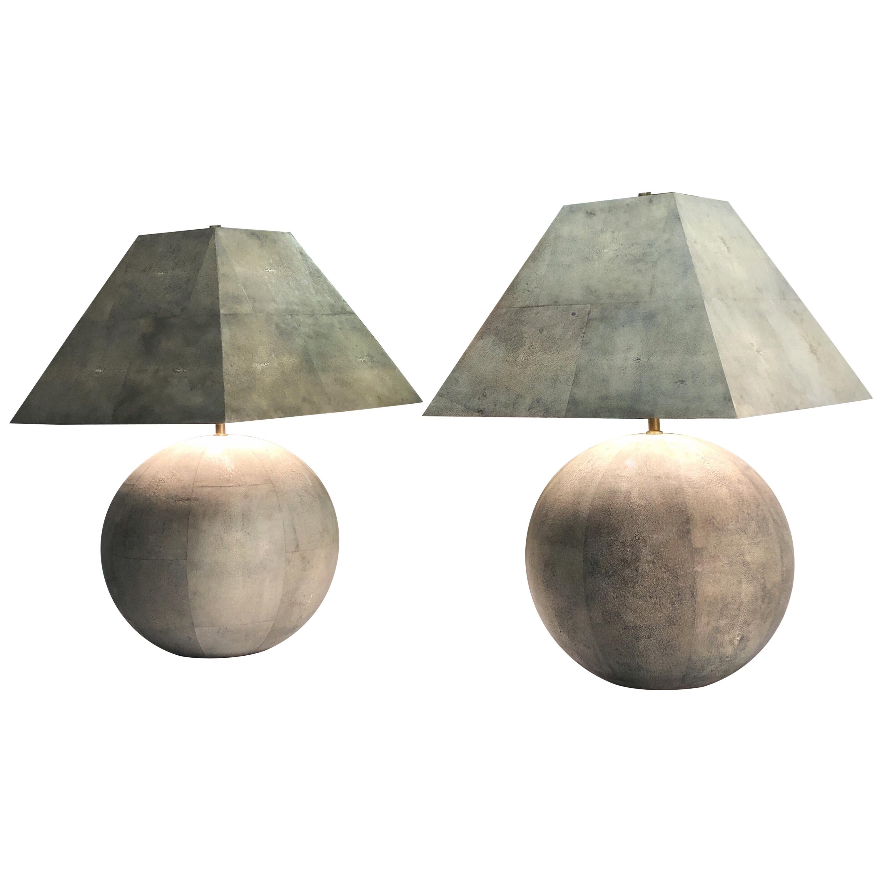 Karl Springer Rare and Monumental Shagreen Pair of Table Lamps