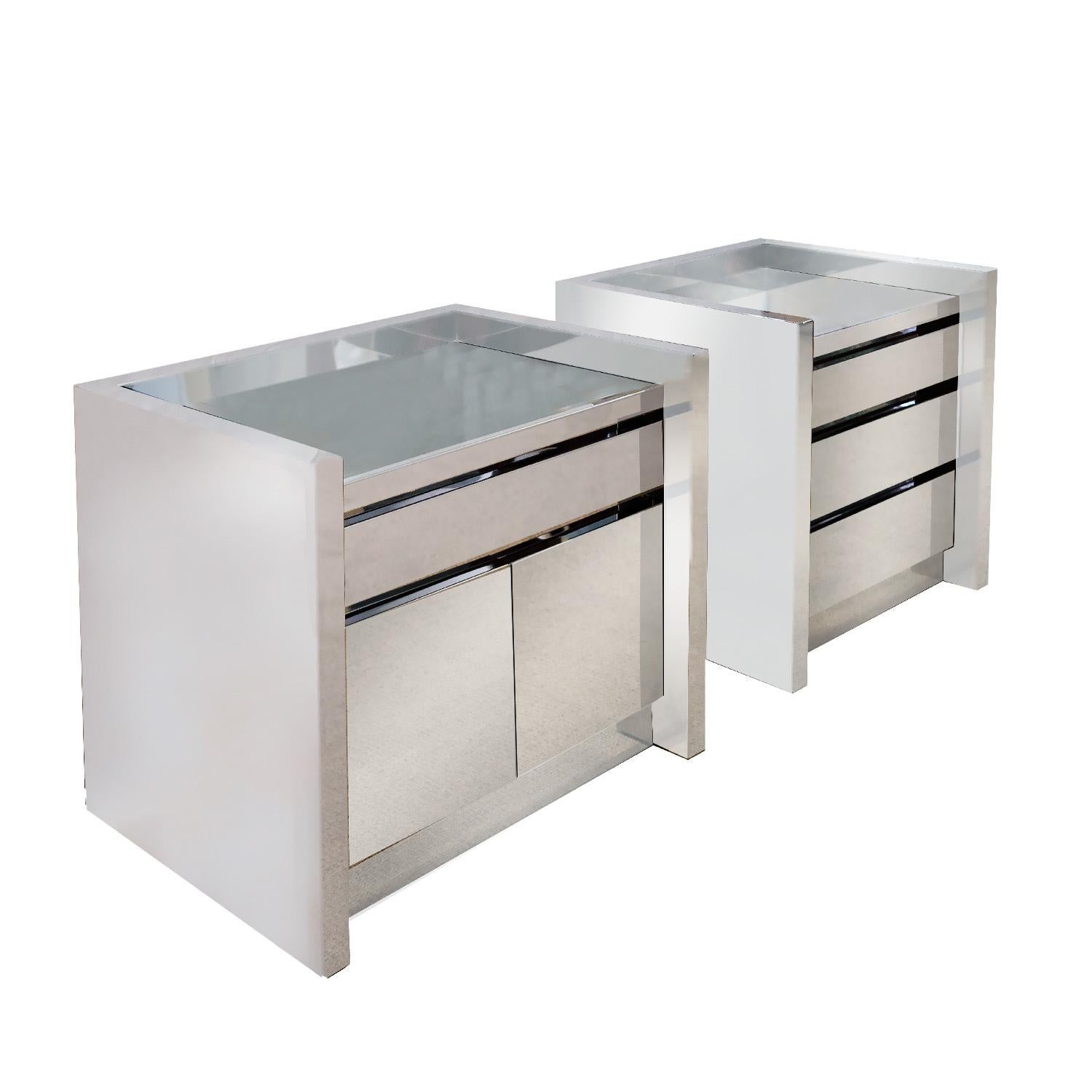 Modern Karl Springer Rare and Superb Pair of Stainless Steel Bedside Tables, 1980s