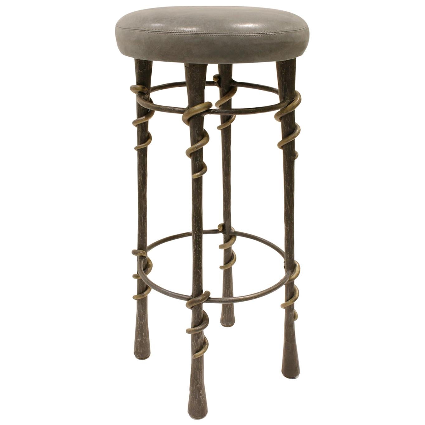 Karl Springer Rare "Cobra Stool" in Wrought Iron and Bronze, 1980s For Sale