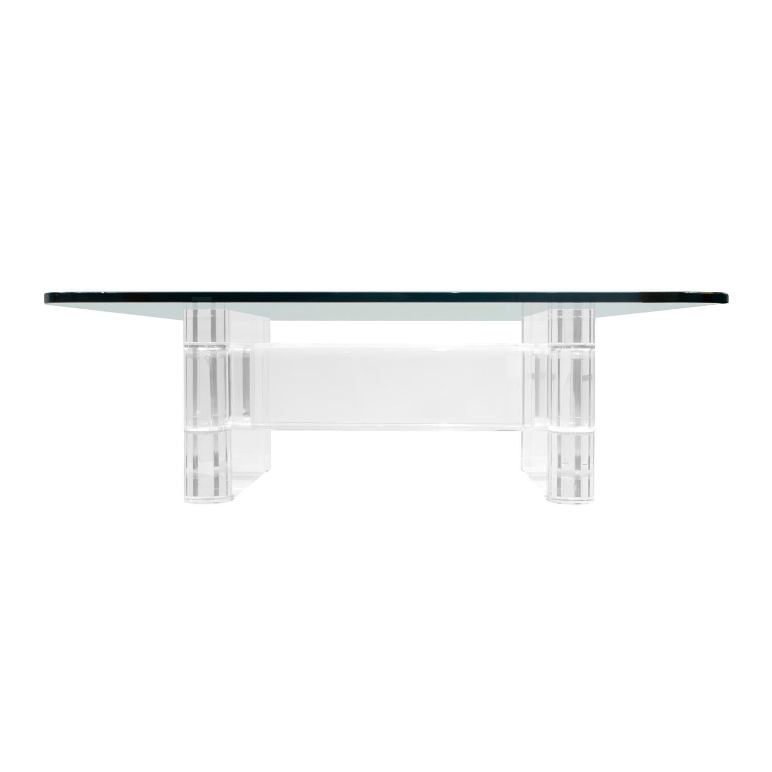 Modern Karl Springer Rare Coffee Table with Solid Lucite Base & Glass Top 1980s, Signed For Sale
