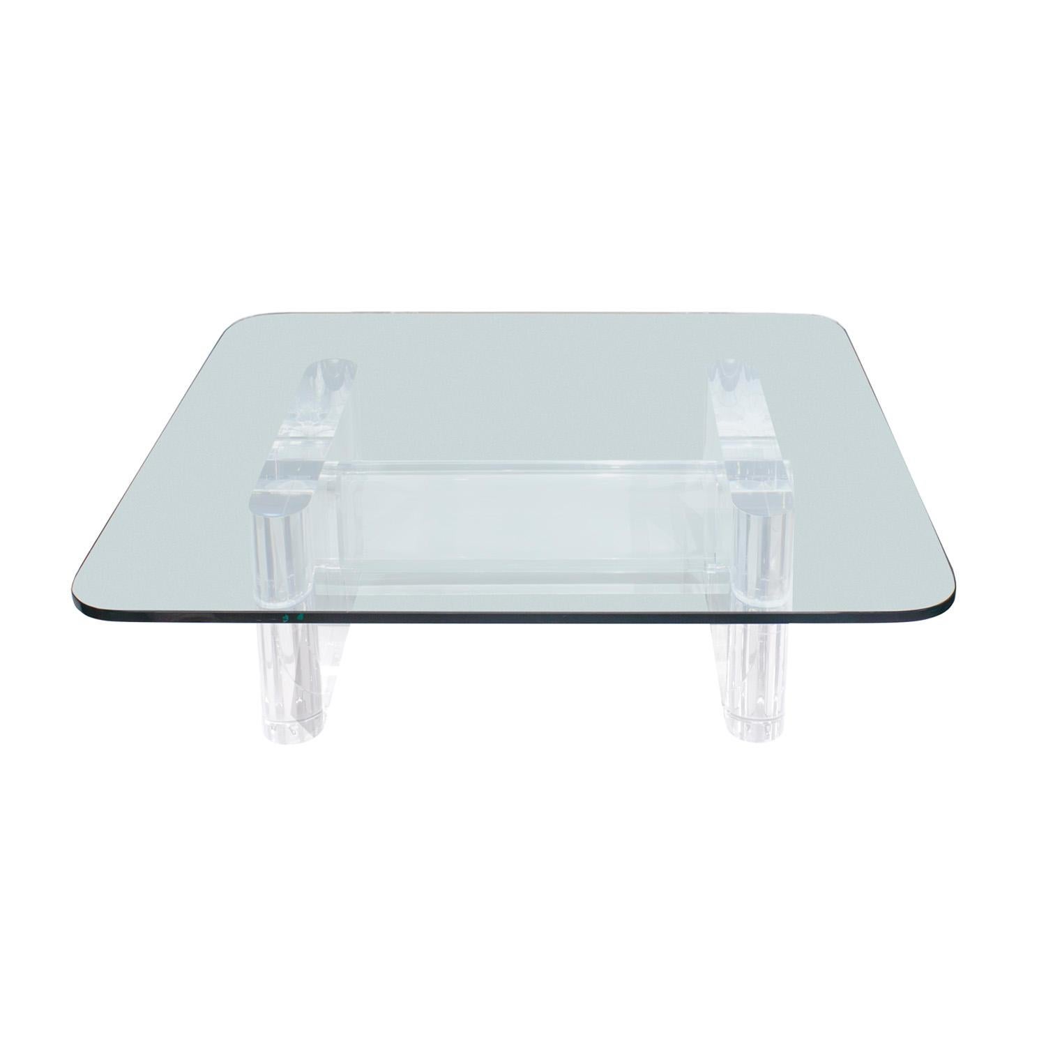American Karl Springer Rare Coffee Table with Solid Lucite Base & Glass Top 1980s, Signed For Sale