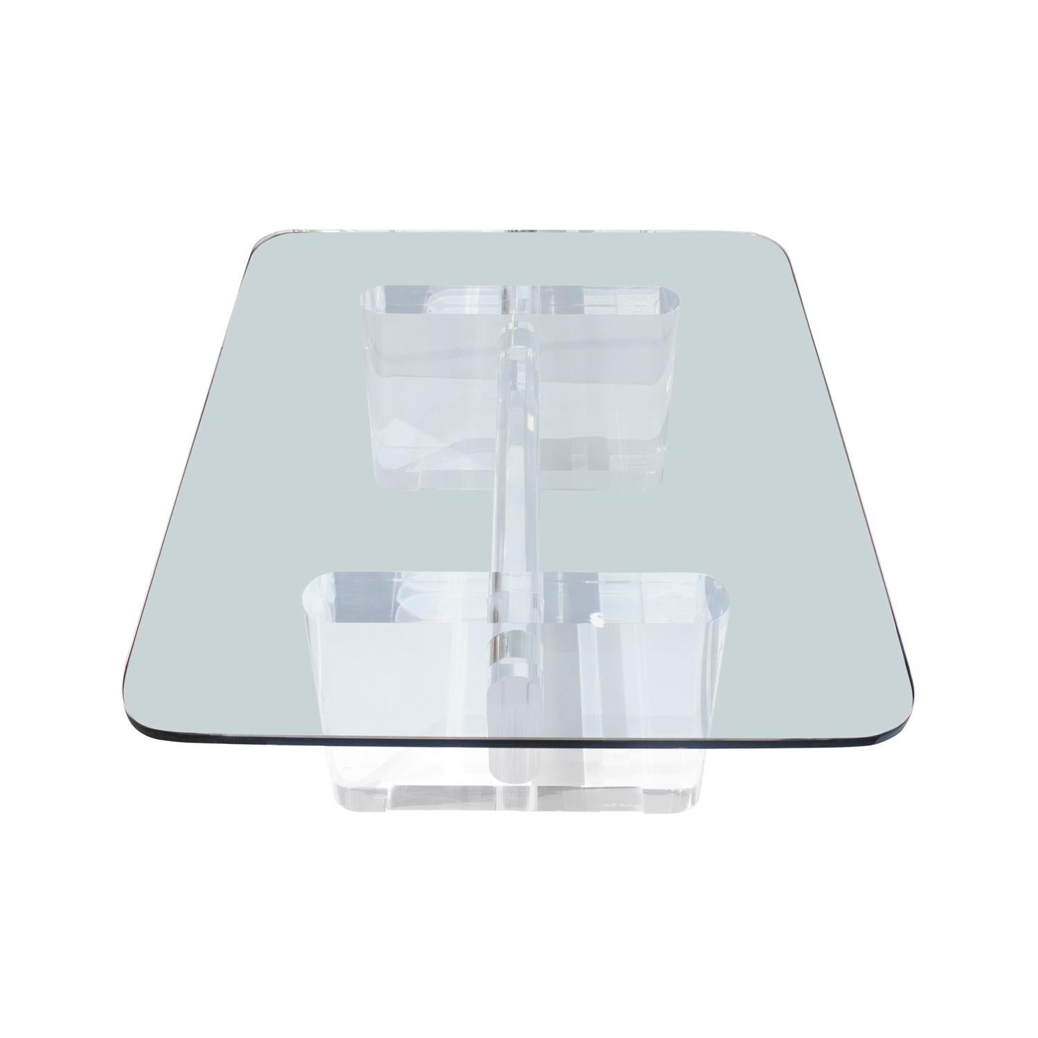 Hand-Crafted Karl Springer Rare Coffee Table with Solid Lucite Base & Glass Top 1980s, Signed For Sale