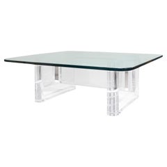 Karl Springer Rare Coffee Table with Solid Lucite Base & Glass Top 1980s, Signed