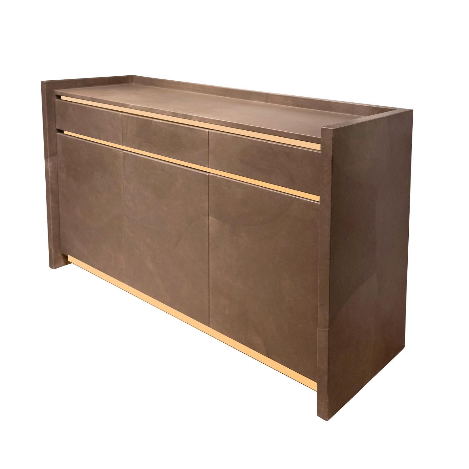 Modern Karl Springer Rare Credenza in Taupe Leather and Brass 1985 'Signed and Dated' For Sale