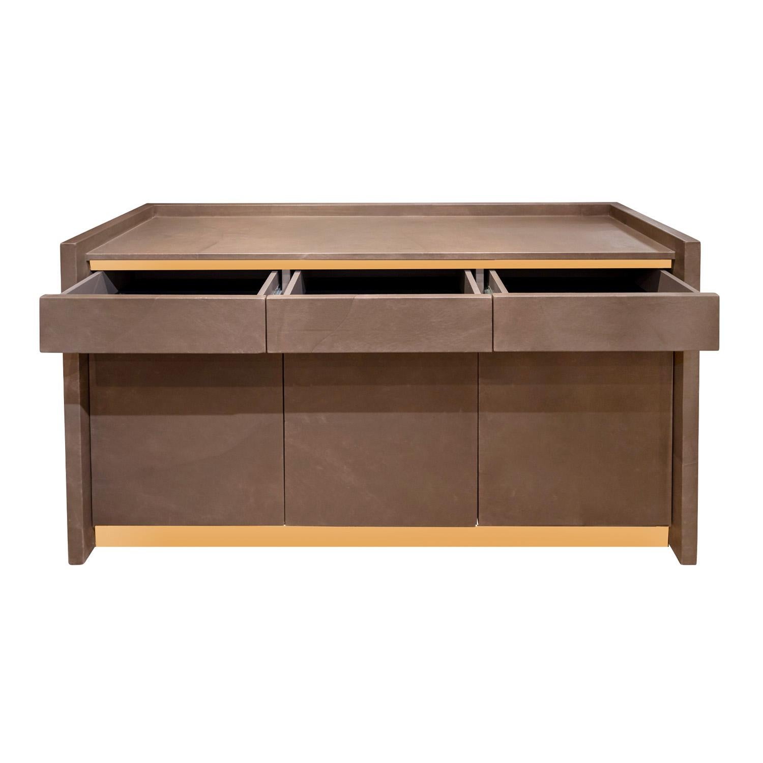 Hand-Crafted Karl Springer Rare Credenza in Taupe Leather and Brass 1985 'Signed and Dated' For Sale